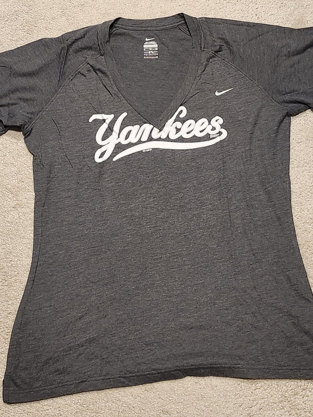 Nike Women's Gray Yankees V-Neck Tee with White Script
